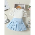 thumbnail image 2 of Bagilaanoe 2Pcs Toddler Baby Girls Clothes Flower Mesh Short Sleeve Tops + Pleated Skirt 1T 2T 3T 4T 5T 6T Kids Casual Skirt Set, 2 of 9