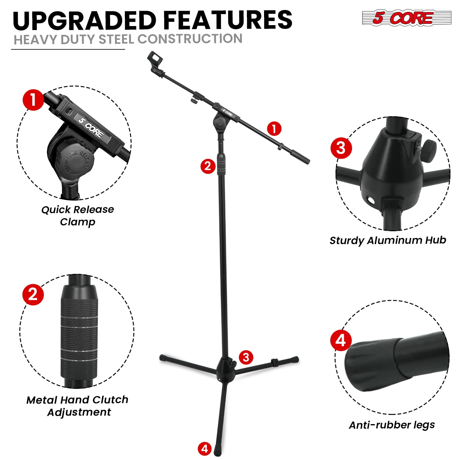 5Core Microphone Stand Floor Adjustable 82" w Metal Boom Arm