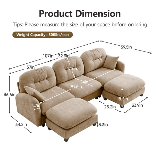 GAKMCIL 107" Loveseat Sofa with 2 Ottoman, 3 Seater with Upholstered Large Size Deep Seat,Cloud Sectional Couches Chenille Fabric for Living Home