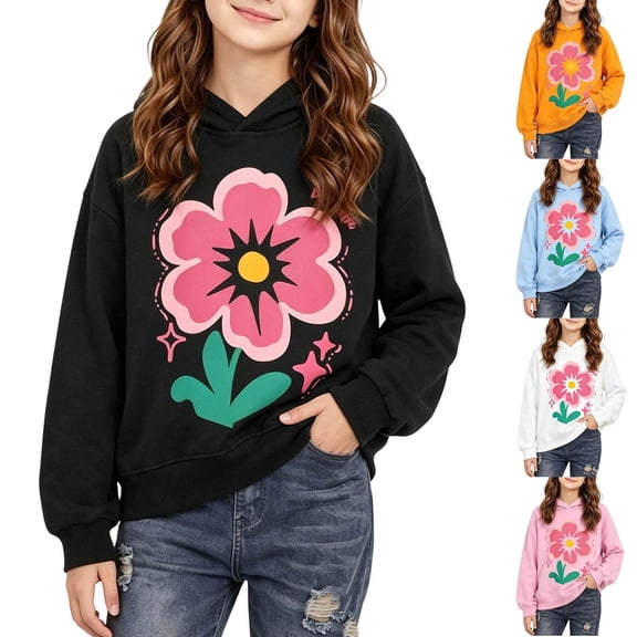 Spazoro Girls Graphic Hoodie, Relaxed Fit Kangaroo Pocket Pullover Long Sleeve Cute Print Fall Casual Sweatshirt for Kids Black Size 3-4T