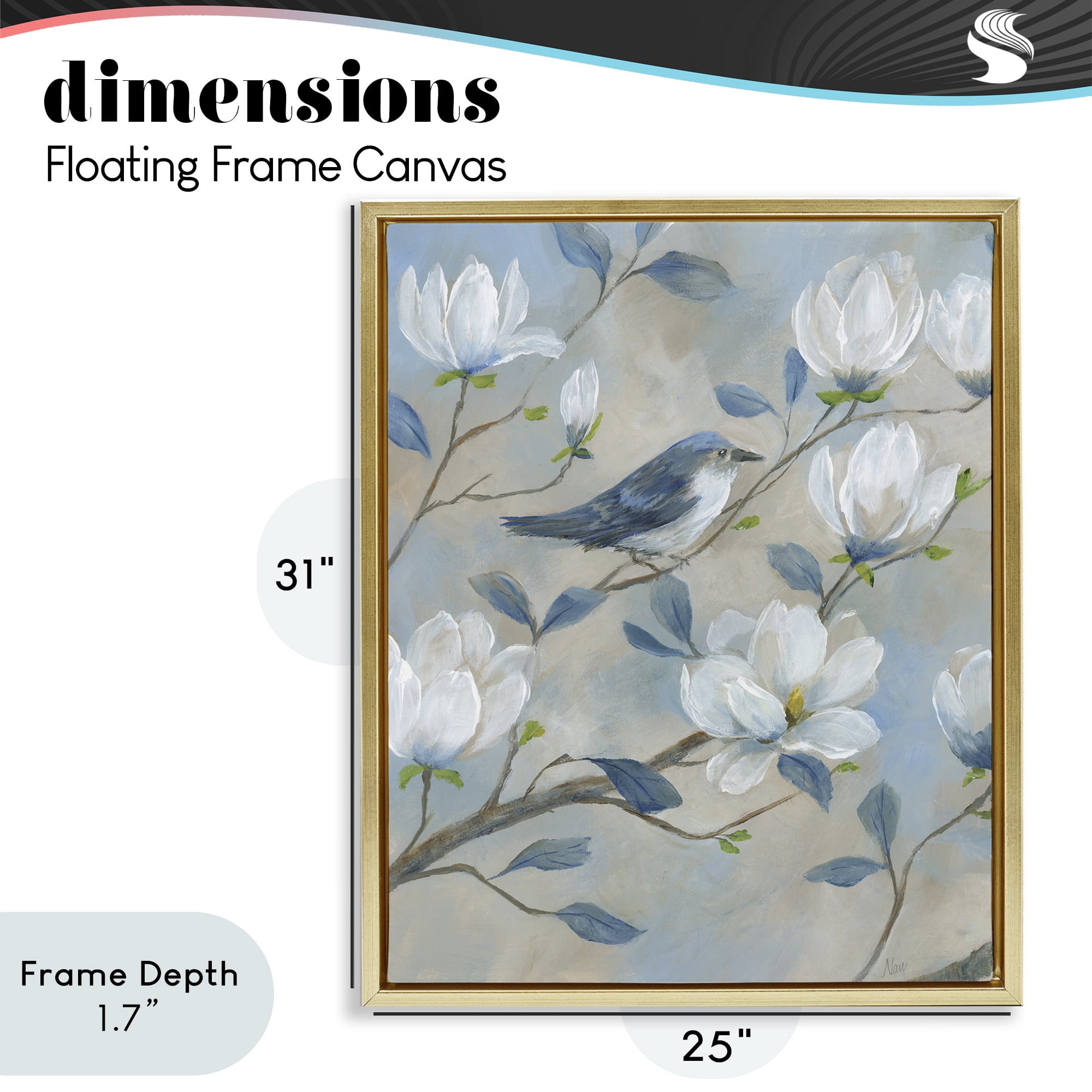 Stupell Industries Blue Bird & Magnolia Gold Framed Floater Canvas Wall Art, design by Nan