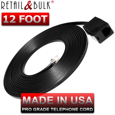 12 Foot Phone Extension Cord for Landline Telephones • High End Quality RJ11 Phone Cable • Pure Copper • 50 Micron Gold Contacts • Made in USA (Black, 12 ft)