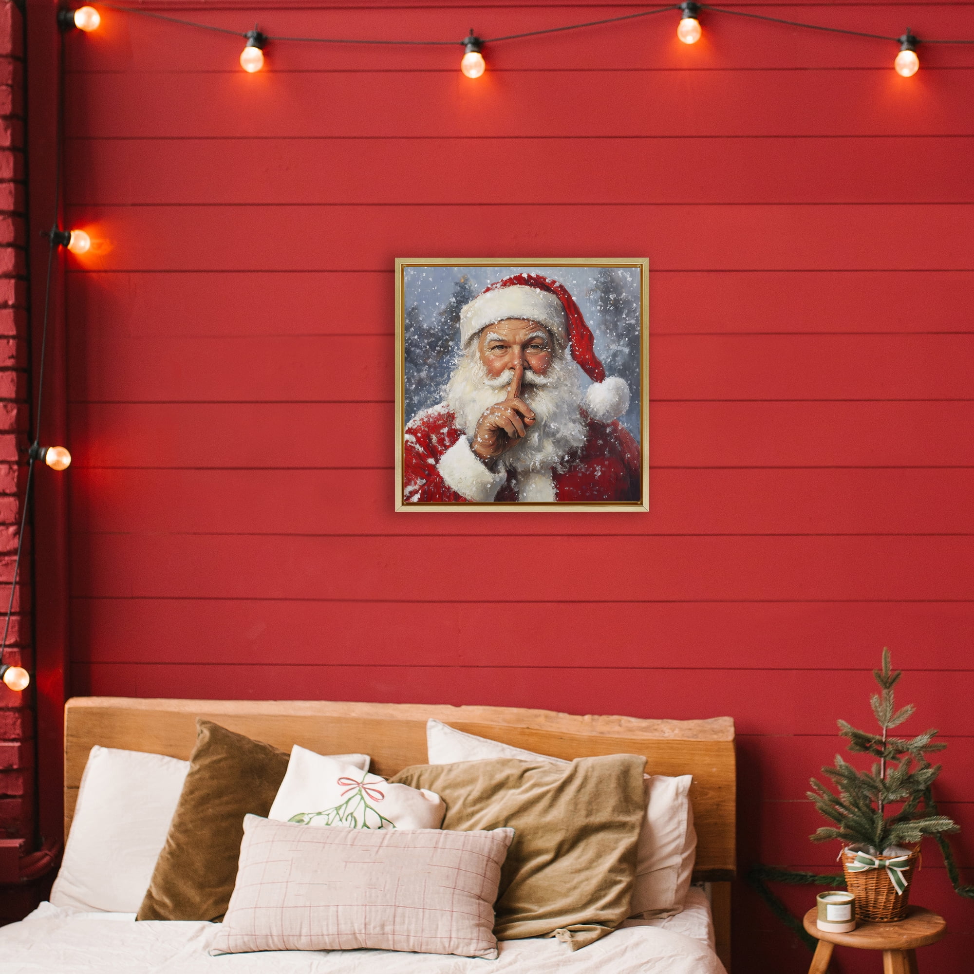 Secret Santa Shh Gold Framed Floater Canvas Wall Art, design by Petal Prints Design