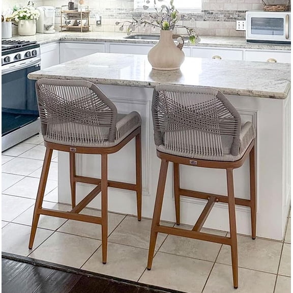 PURPLE LEAF Bar Stools Set of 2 Height Metal Bar Chairs with Back Modern Aluminum Tall Comfy Wicker Woven Boho Barstools Garden Pool Patio Outdoor, Twill