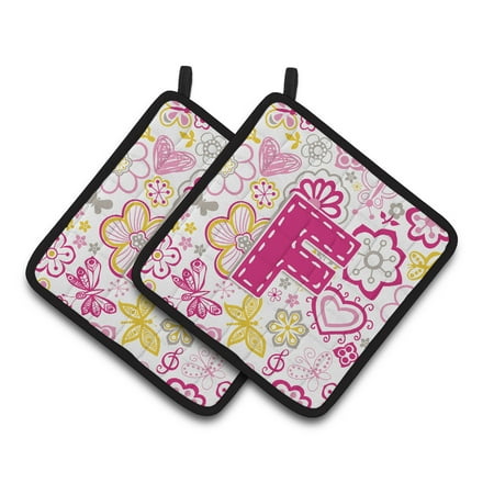 

Letter F Flowers and Butterflies Pink Pair of Pot Holders