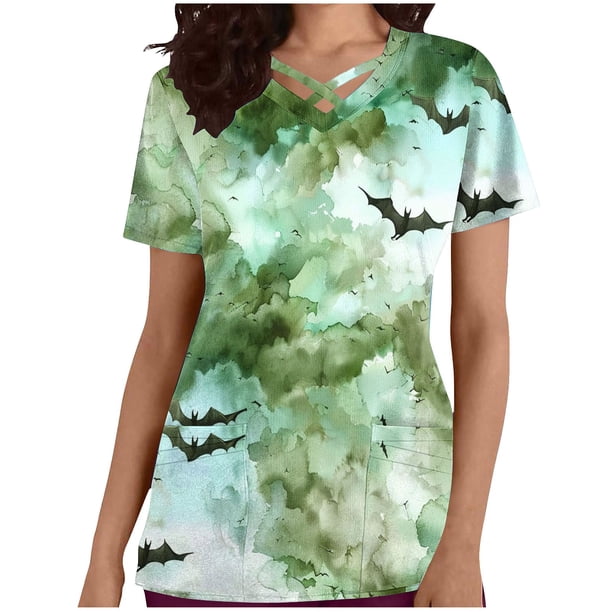 Tops Cortos para las Mujeres, Halloween Impreso en Cuello en V con Bolsillo, Moda Casual Manga Corta