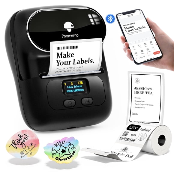 Phomemo Fabricant d'Étiquettes Thermiques, Imprimante de Codes-Barres, Imprimante d'Étiquettes M110 Améliorée Bluetooth Sans Encre Portable, pour Petite Entreprise, Adresse, Bureau, Maison pour Téléphone; pour PC/Mac (USB), avec 1