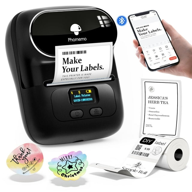 Phomemo Thermal Label Maker, Barcode Printer, M110 Upgraded Label Printer Bluetooth No Ink Portable, for Small Business, Address, Office, Home for Phone; for PC/Mac(USB), with 1