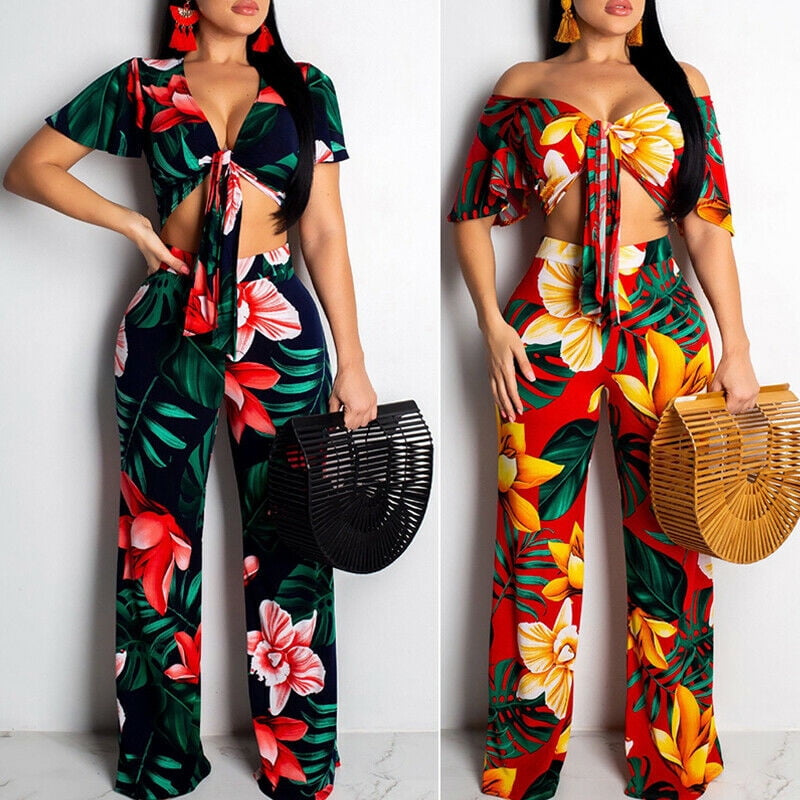 Multitrust Multitrust 2PC Women Co Ord Set Floral Crop Top+Wide Leg