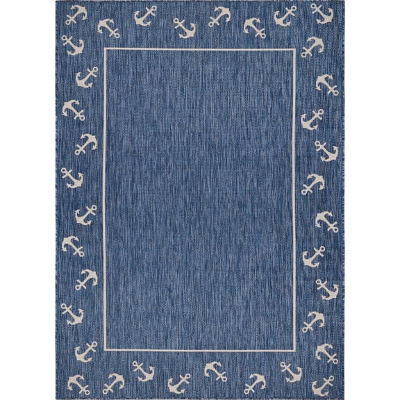 Laddha Home Designs 7.5' x 9.5' Navy and Beige Nautical Anchor Rectangular Outdoor Area Throw Rug
