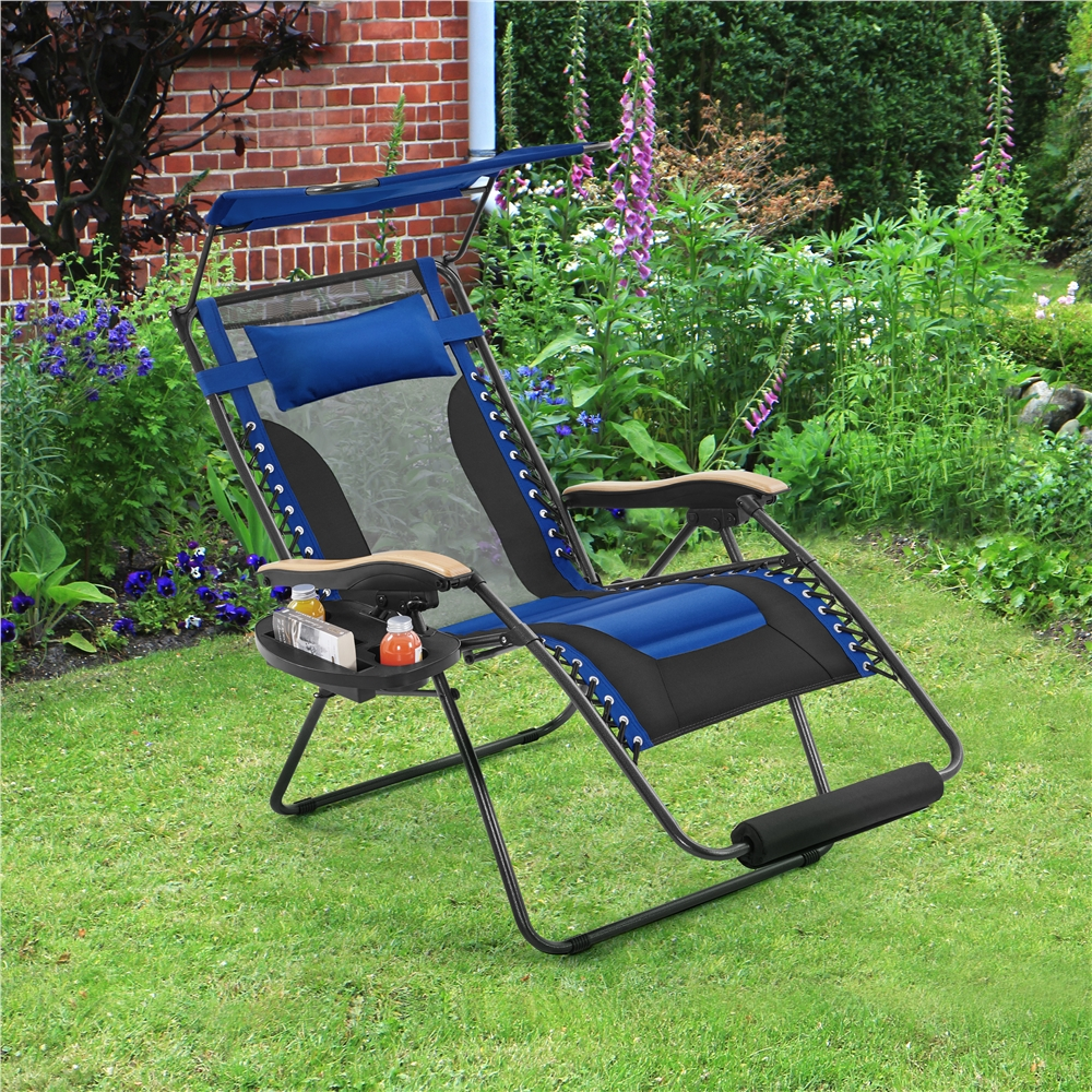 Alden Design 29in Foldable Zero Gravity Recliner with Sun Shade Cupholder/Pillow, Navy Blue/Black