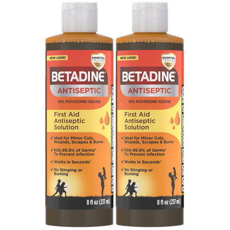 Betadine Antiseptic Liquid First Aid Solution, Povidone-iodine 10%, Infection Protection, Kills Germs In Minor Cuts Scrapes And Burns, No Alcohol or Hydrogen Peroxide, 8 FL OZ (Pack of 2)