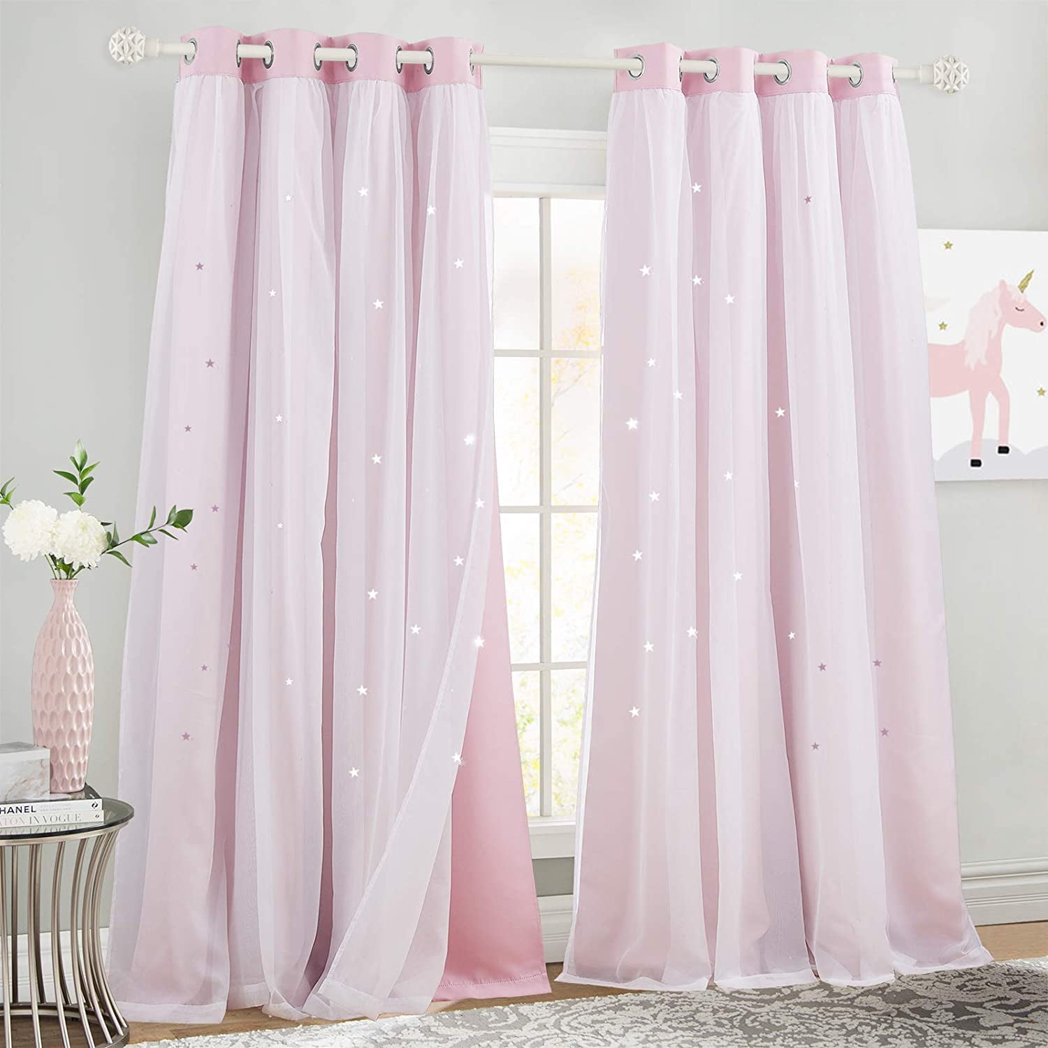 2 Panels W 52 in x L 63 in Grey Pink Nursery Curtains with Net Kids Window Panels with Eyelets for Living Room NICETOWN Pink Star Blackout Curtains for Girls Bedroom 