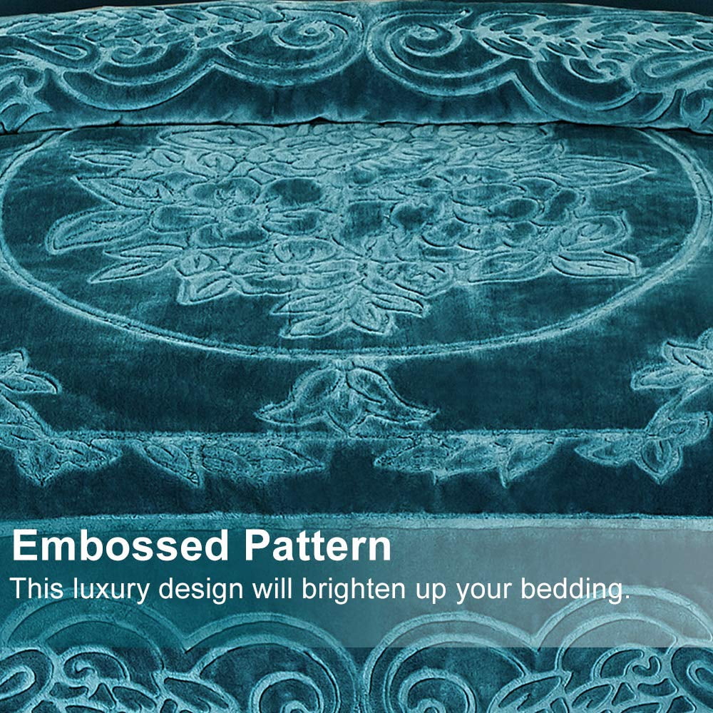 Heavy Thick Fleece Blanket King Size, 9lbs,1 Ply Silky Soft Warm Flower Embossed Raschel Winter Blanket, Minky Soft Plush Blanket for Sofa Bed, 85"x95", Teal