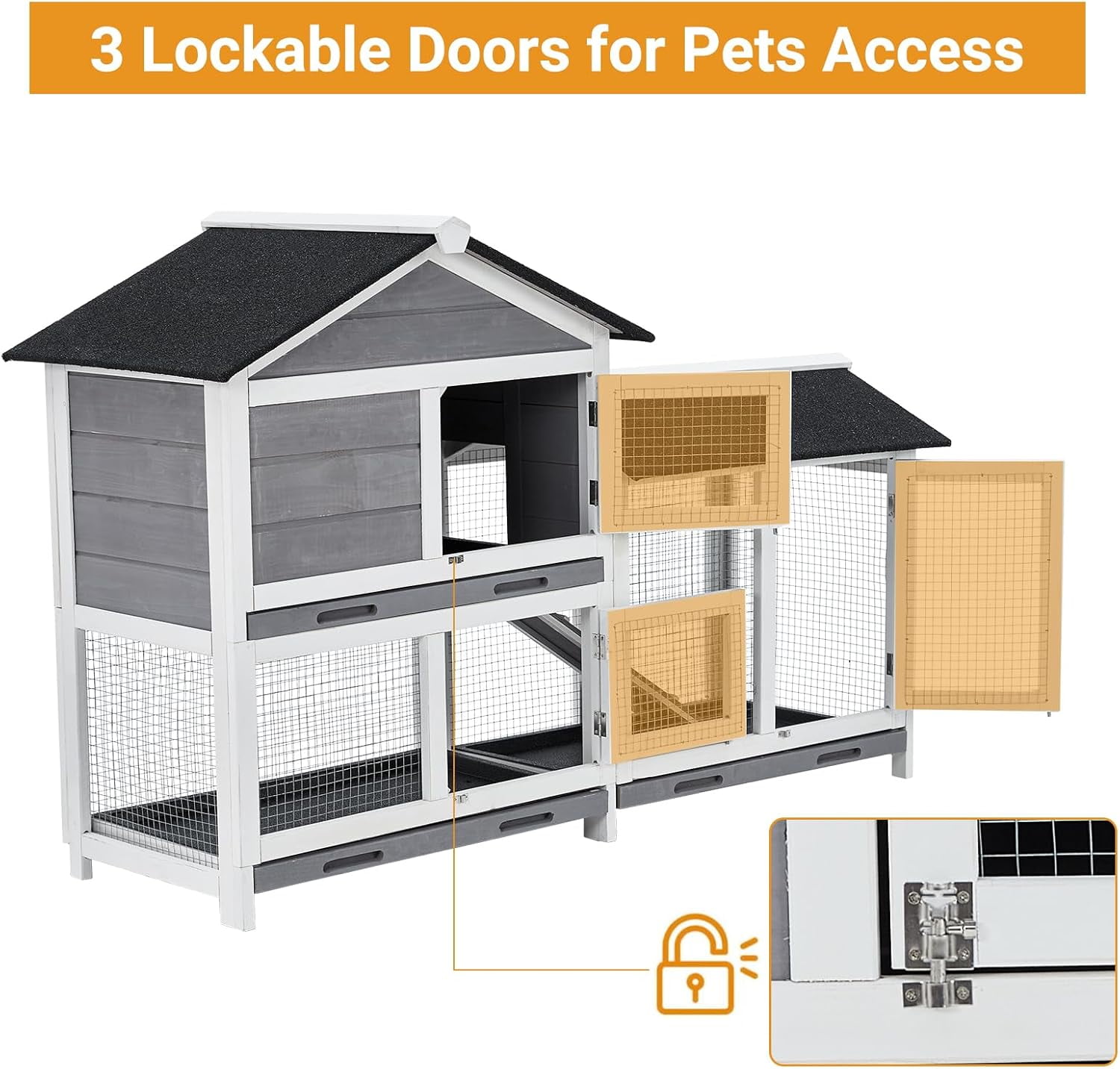 63" Two-Tier Bunny Hutch with Adjustable Design, Waterproof Roof & 3 Leak-Proof Trays – Indoor/Outdoor Wooden Rabbit Hutch and Chicken Coop, Eco-Friendly Painted Fir Wood
