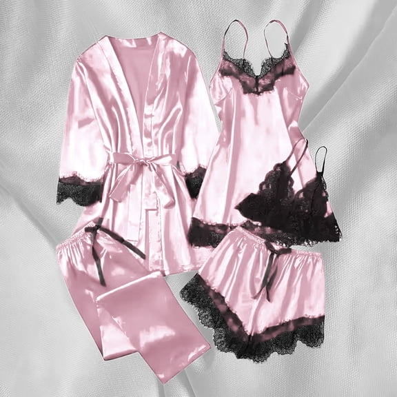 Womens 5 Piece Pajama Sets Plus Size Satin Sleepwear Lace Trim Sexy Loungewear Nightgowns Comfy for Women Casual Matching Pj Set