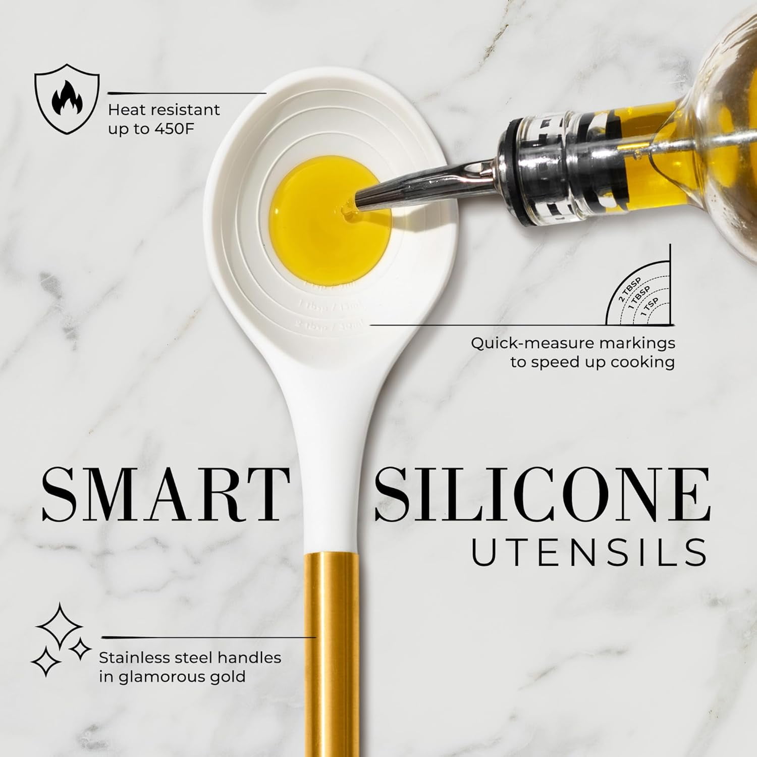 Styled Settings 8 Piece White and Gold Kitchen Utensils Set – Silicone Cooking Utensils with Gold Handles, Ceramic Utensil Holder and Stackable Spoon Rest, Heat-Resistant and Nonstick Safe