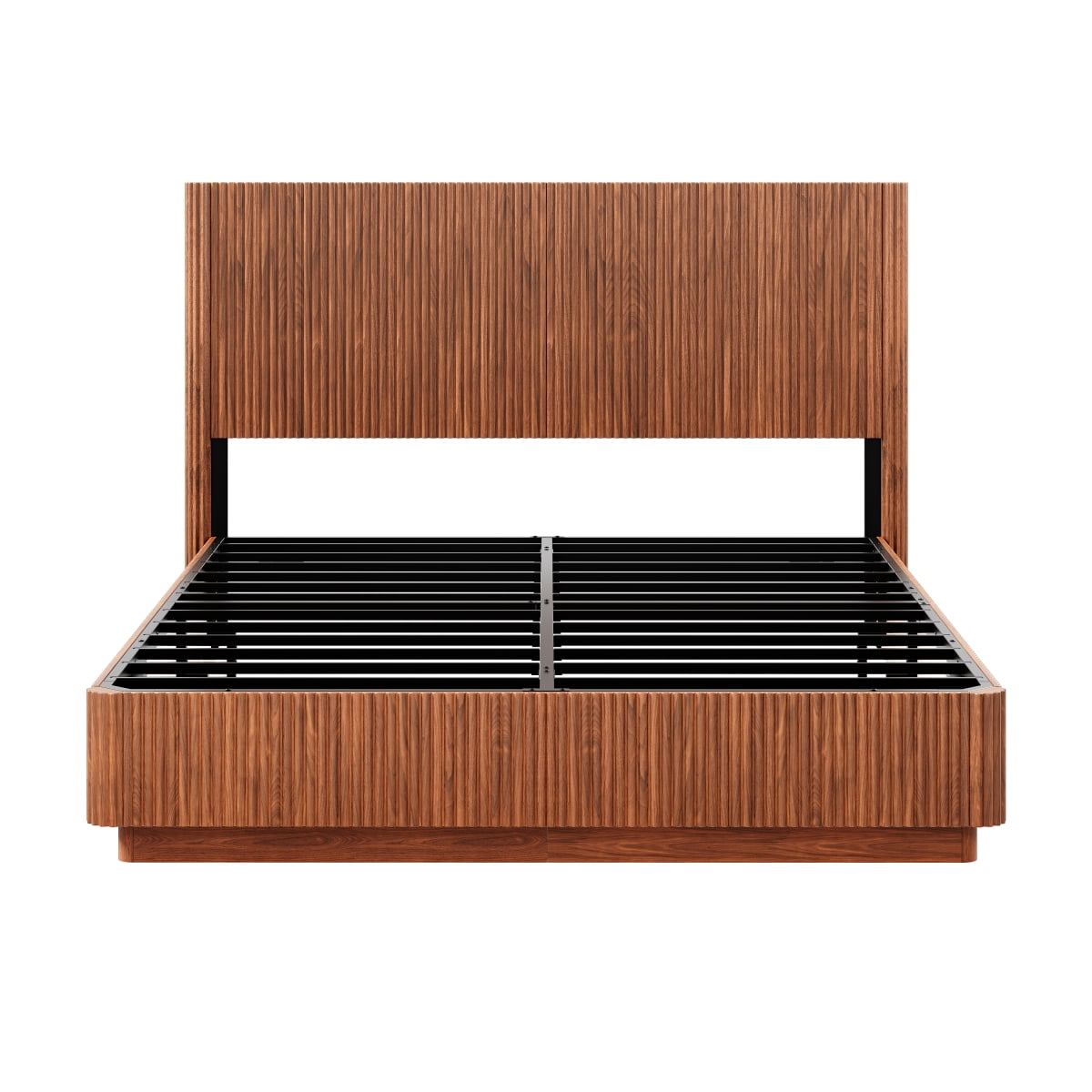 Luckynote Queen Size Bed Frame with LED Lights, Modern Wooden Corrugated Curved Lines, Convex Groove Board Design, Walnut.