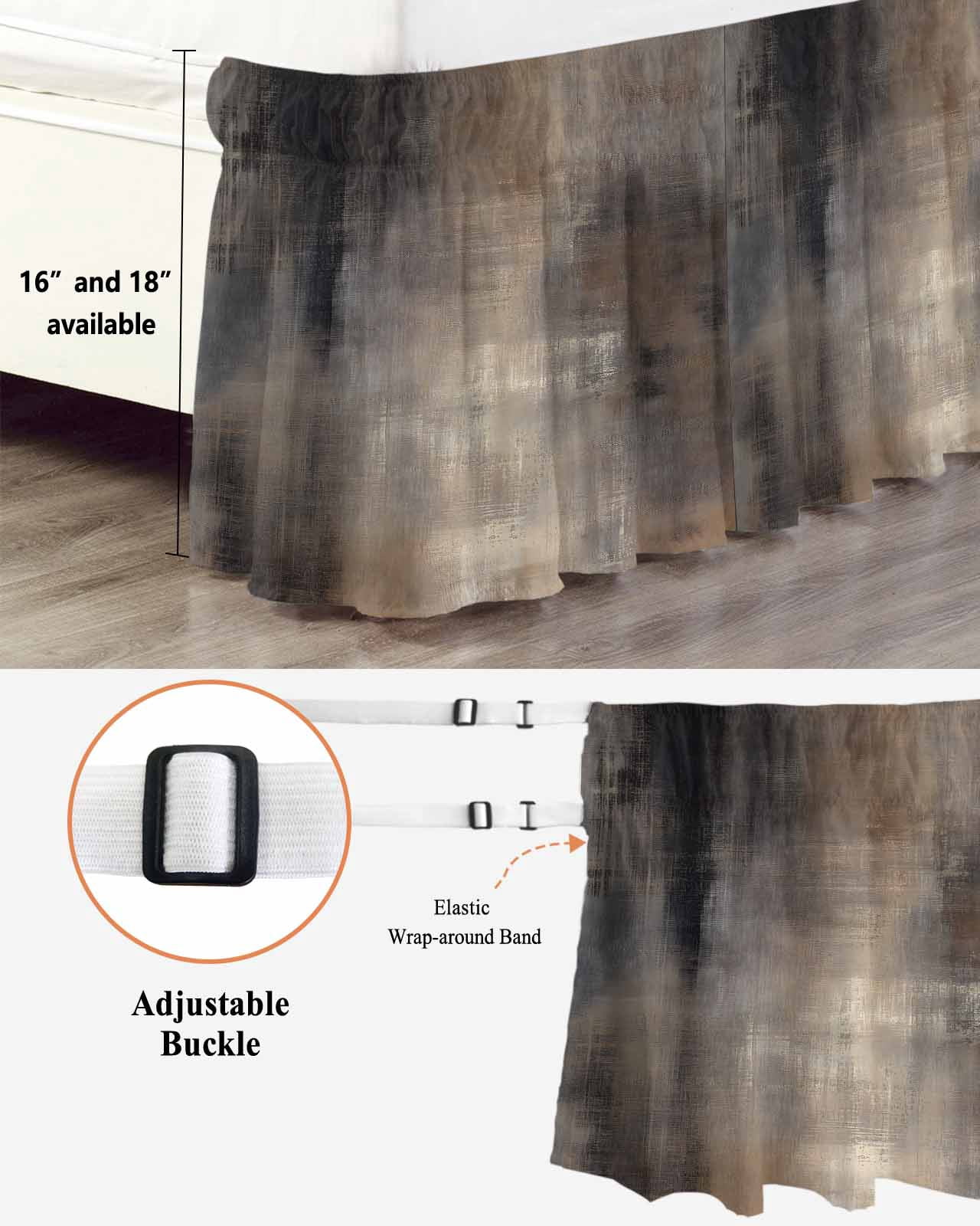 Brown Wrap Around Bed Skirts for Queen Bed 16" Drop, Bed Skirt with Adjustable Elastic Belt Dust Ruffle Bed Valance for Bedroom Hotel Luxury Modern Abstract Art Ombre Oil Painting Bed Frame Cover