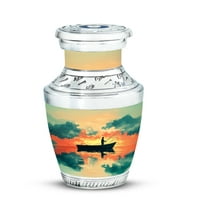 JAGASY Fishing Urn for Ashes for Women - Golden Small Cremation Urns for Human Ashes Keepsake - Sunset Clouds Water Boat Decorative Urns for Parents - Handmade Urn for Mom & Dad - (3 Inch)