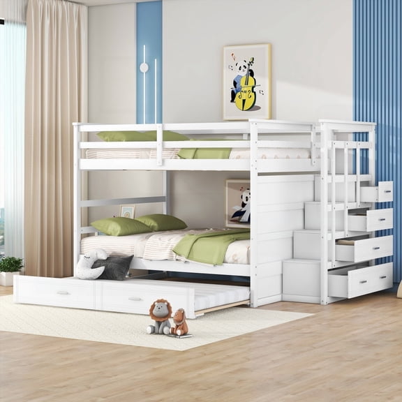 Full Over Full Bunk Bed with Twin Size Trundle & Staircase - Space-Efficient & Sturdy Design