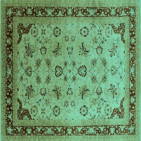 Ahgly Company Machine Washable Indoor Square Oriental Turquoise Blue Traditional Area Rugs, 6' Square