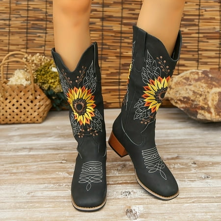 

TUOBKE Women‘s Sunflower Embroidery Western Boots Retro V-cut Square Toe Cowboy Boots Pull On Mid Calf Boots