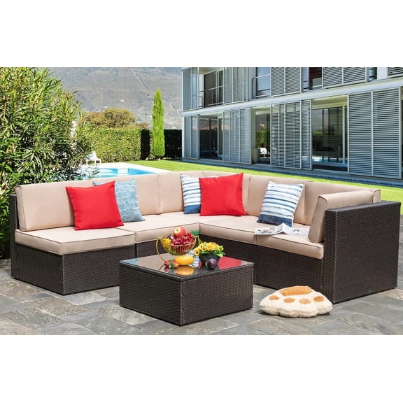 Vongrasig 6 Piece Patio Furniture Set, Small Outdoor Sectional Sofa Couch, All Weather PE Wicker L-Shaped Corner Patio Sofa Garden Backyard Patio Conversation Set w/Glass Table, Beige
