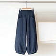 thumbnail image 3 of Miluxas Ladies' Trendy Wide Leg Lantern Pants with Pockets Solid Smoked High Waist Loose Fit Trousers Summer Outfits Boho Beach Wear Navy, 3 of 8