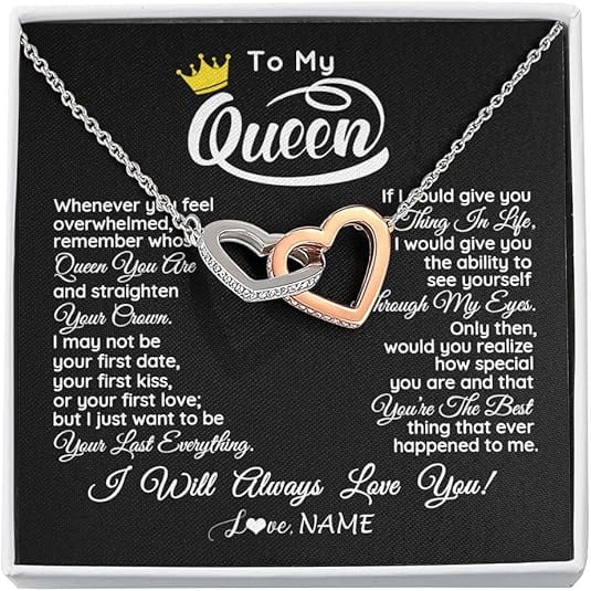 Interlocking Heart Necklace To My Queen, Necklace Gift for Wife/Girlfriend, Necklace Gift with Message Card and Box, Cute Birthday Gift for Wife, Anniversary Gift for Wife