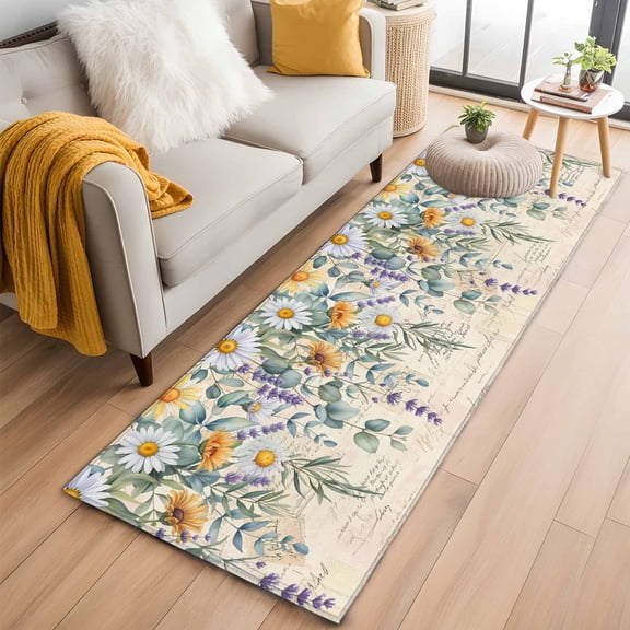 Floral Eucalyptus Leaves 2'x6' Runner Rugs for Hallway Kitchen Bedside Non Slip Washable, Daisy Summer Botanical Vintage Entryway Rug Runners with Rubber Backing, Long Carpet Runner for Laundry Room
