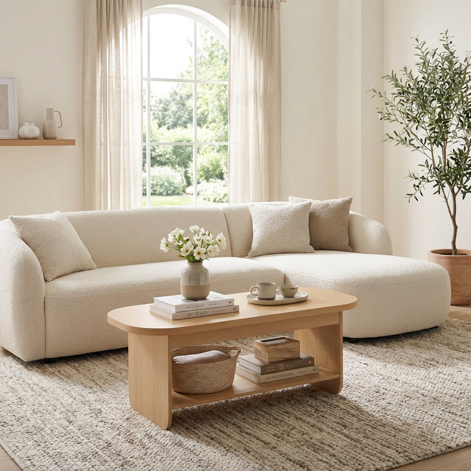 Furnibear 2 Tier Oval Coffee Table with Bottom Storage Shelf and Fluted Design a Mid Century Wood Center Table for the Living Room, Natural