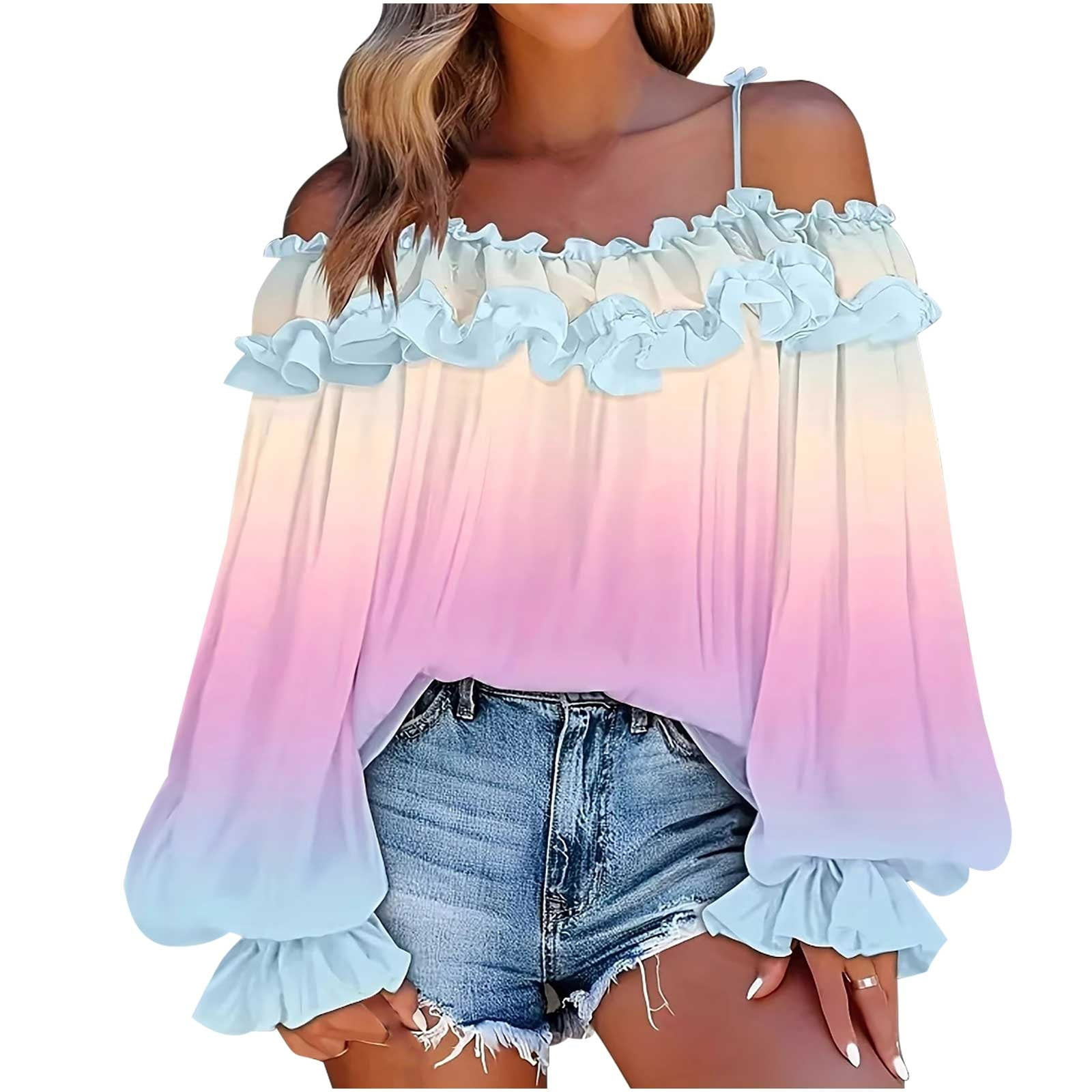 ylioge S-5X Plus Size Shirts for Women Off the Shoulder Long Sleeve Blouses Tops Womens Trendy Gradient Printed Ruffled Pullover Hawaiian Beach Top