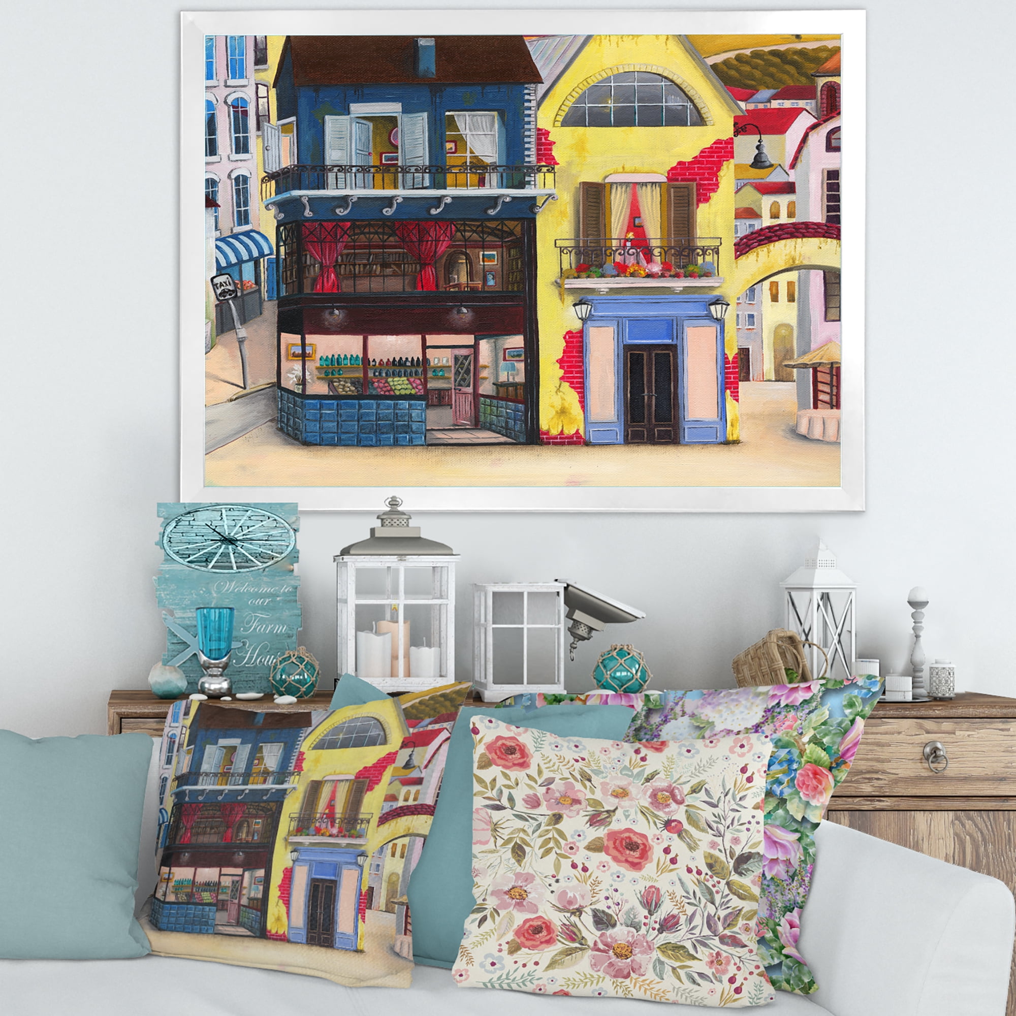 Designart 'The Colorful Facade of The Buildings In A Cozy Streets' French Country Framed Art Print