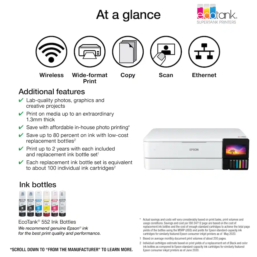 Epson EcoTank Photo ET-8550 Wireless Wide-Format Color All-in-One Supertank Printer with Scanner, Copier, Ethernet (Sold without manufacturer warranty)