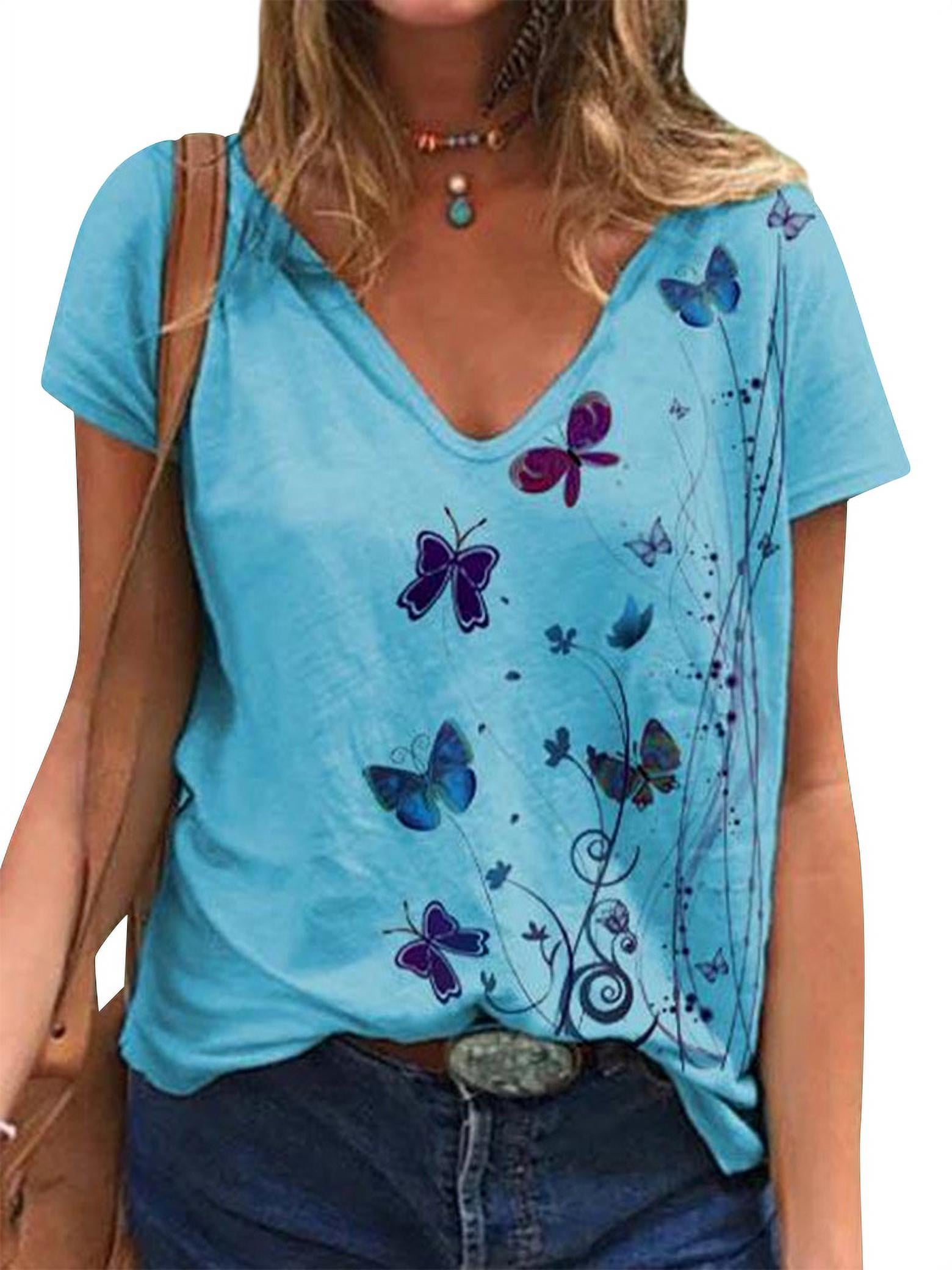 Twzh Women Butterfly Print V Neck Short Sleeve Stylish T Shirt