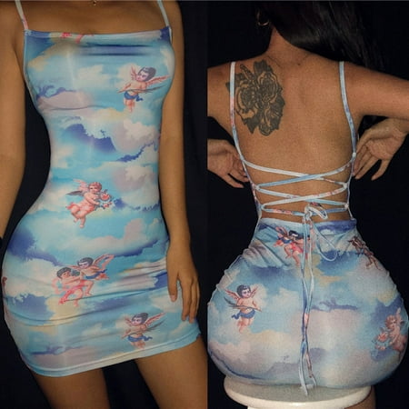 Party Angel Dress Sleeveless Casual Strap Mini Dress Summer Women Angel Print Slash Neck Bandage Dress Elegant Short Party Dress S ()