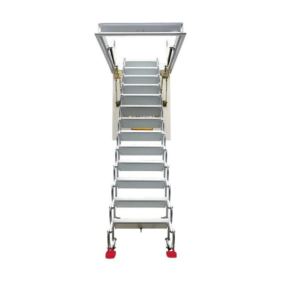 PreAsion White Attic Pull Down Ceiling Ladder Stairs 13 Steps Access Stairs Al-Mg Folding Loft 10.5ft