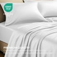 thumbnail image 5 of Pure Bedding Satin Sheets Cal King Size – 4 Piece Silky Soft Microfiber Bed Sheet Set, Deep Pocket Fits up to 15” Mattress - 1 Fitted Sheet, 1 Flat Sheet, and 2 Pillowcases, Oeko-Tex Certified, White, 5 of 8