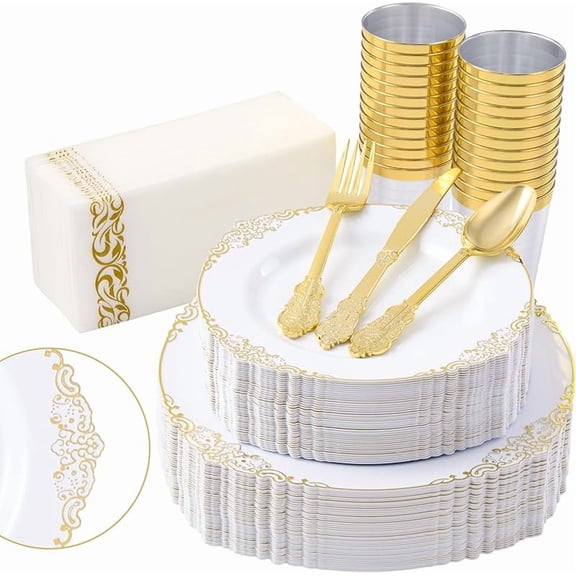 MY 350pcs Gold Plastic Plates, Elegant Disposable Dinnerware Set, 125 Pieces, White and Gold, Plates, Cups, Cutlery and Napkins (Gold, 50 Guests)