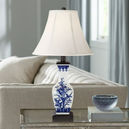 - barnes and ivy asian accent table lamp ceramic blue floral vase white bell shade for living room family bedroom bedside nightstand