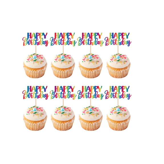 Rainbow Glitter Happy Birthday Cupcake Toppers, Party Cake Decoration Picks, 10 Pack