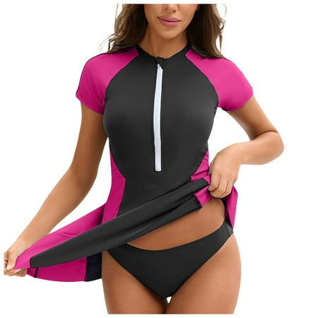 Hauetro Womens Rash Guard One Piece Swimsuit Zipper Short Sleeve Swim Dress with Shorts Modest Bathing Suit Athletic SwimskirtHot Pink XL