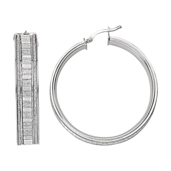 Sterling Silver Rhodium Plated Sparkle 30mm Baguette Glitter Hoop Earrings - 10.0 Grams