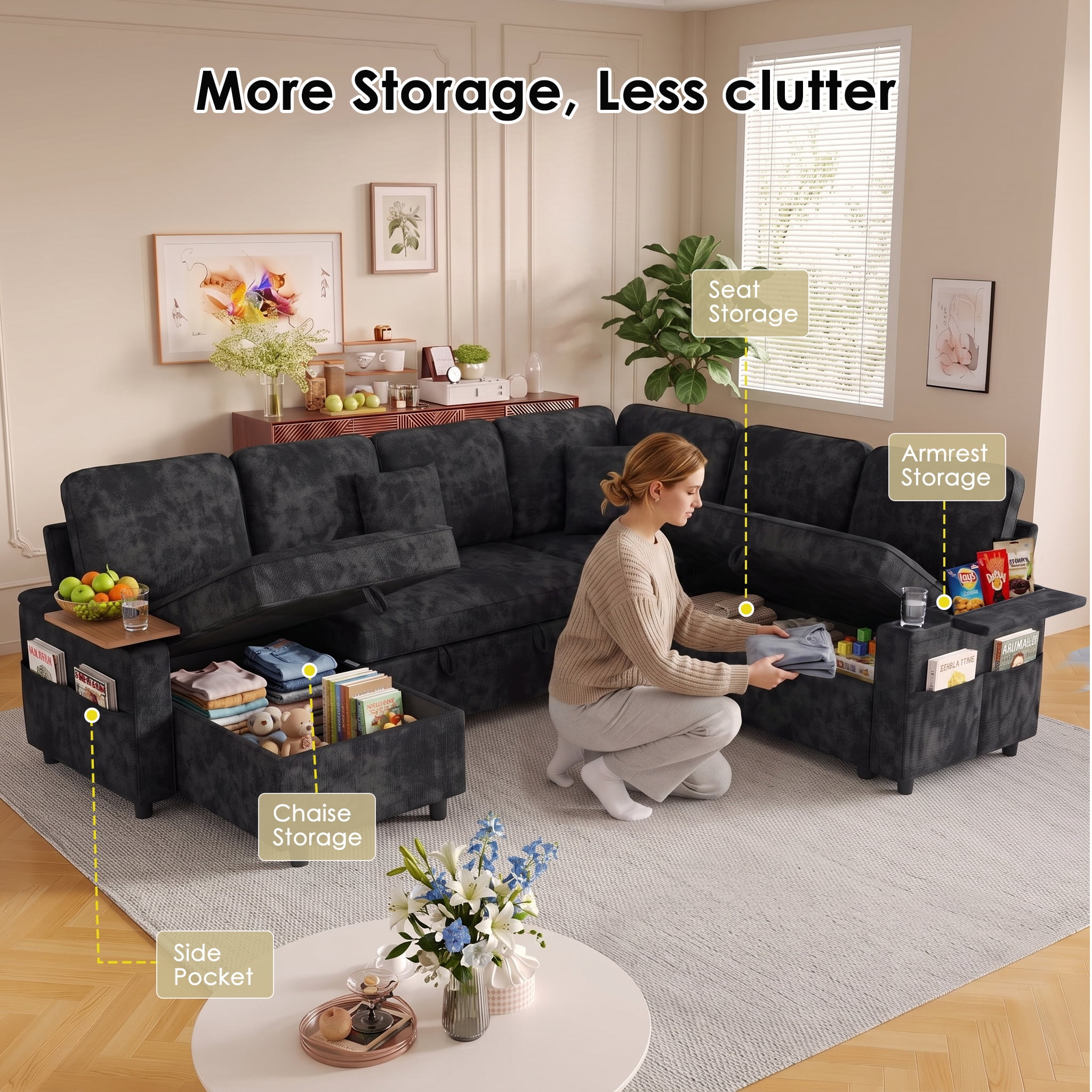 Xiweot 108" Modular Sectional Sleeper Sofa with Pull Out Couch, L Shaped Sofa Bed with Storage Chaise, Adjustable Backrest, USB Ports & Small Table, 7 Seaters Chenille Sofa for Living Room (Black)