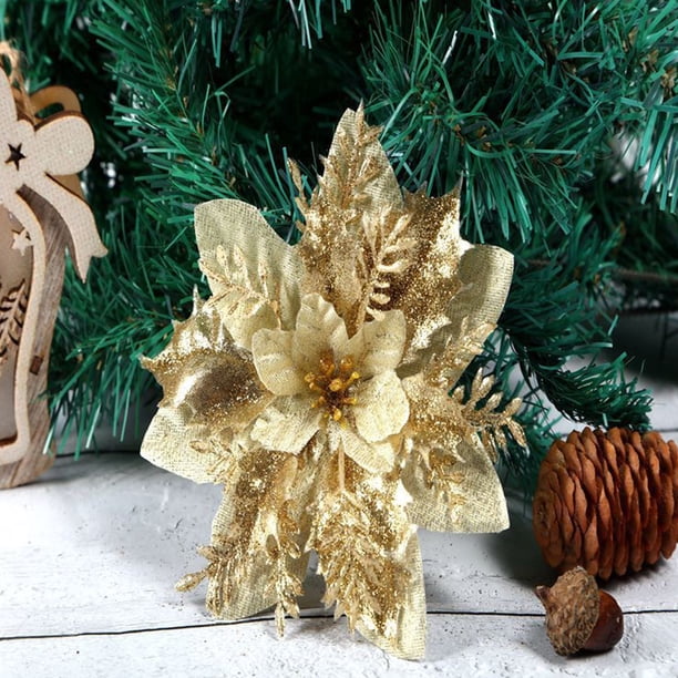 5/10 Uds. Tema de Festival de flores artificiales con purpurina de 5,51 pulgadas para decoración de corona de árbol de Navidad
