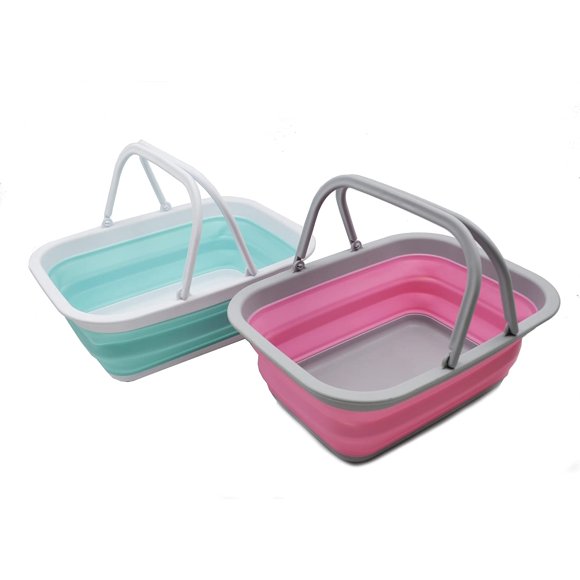 SAMMART Collapsible Tub with Handle 9.2L (2.37Gallon) - Portable Outdoor Picnic Basket - Foldable Basin for Washing Dishes Camping Hiking (2 Lake Green & Pink)