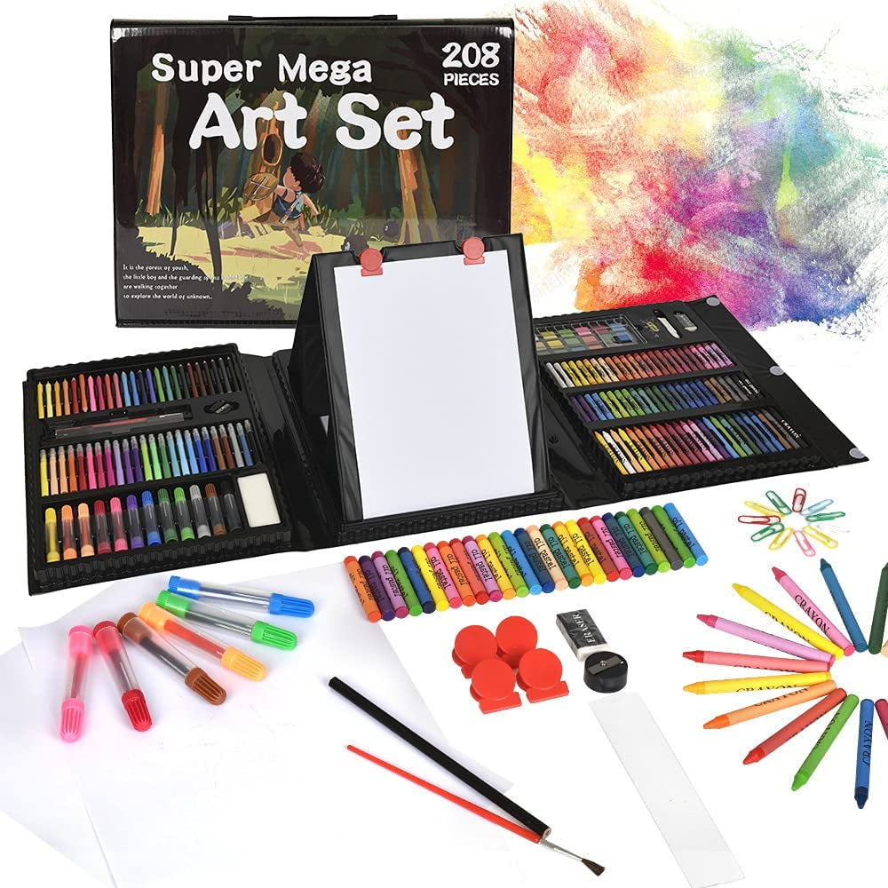 H & B 208-Piece Drawing kit for Kids, Deluxe Artist Set,Double Sided  Trifold Easel Art Set with Oil Pastels, Crayons, Colored Pencils, Markers,  Great Gift for Kids 3-12, Girls, Boys, Beginners, Pink 