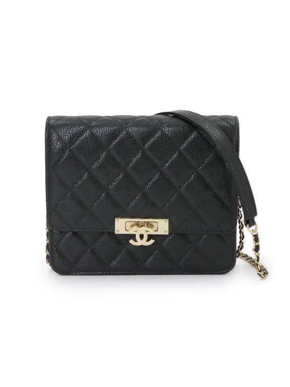 Pre-Owned Chanel Coco Lock Matelassé Chain Wallet, Caviar Leather, Black with Gold Hardware