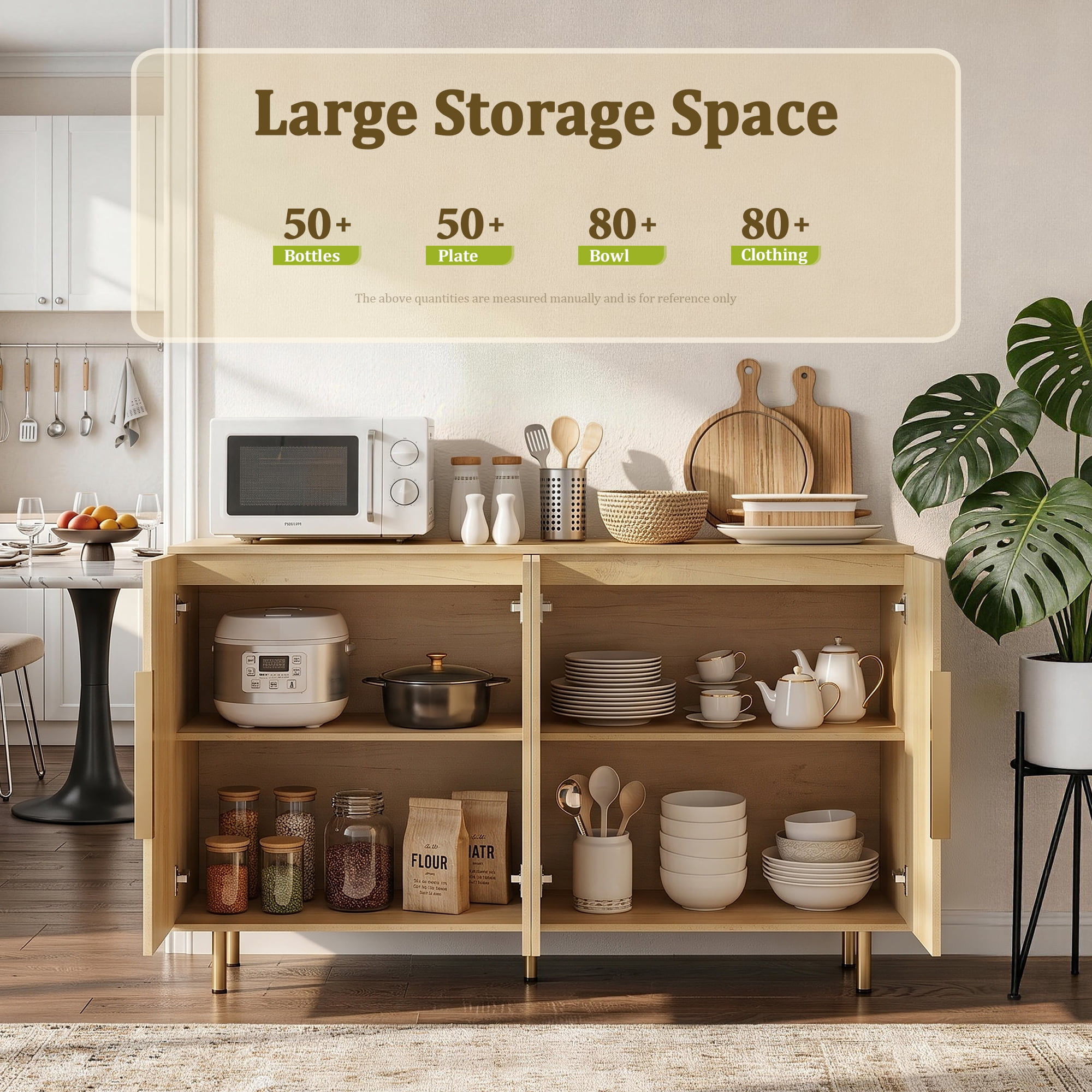 Aukfa 56.7" Modern Sideboard Buffet Cabinet with Adjustable Shelves, Accent Credenza Organizer,Natural